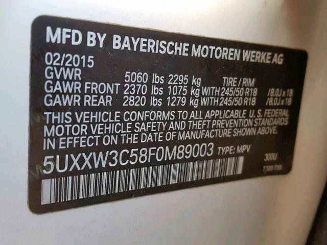 5UXXW3C58F0M89003 - 2015 BMW X4 XDRIVE2 WHITE photo 10