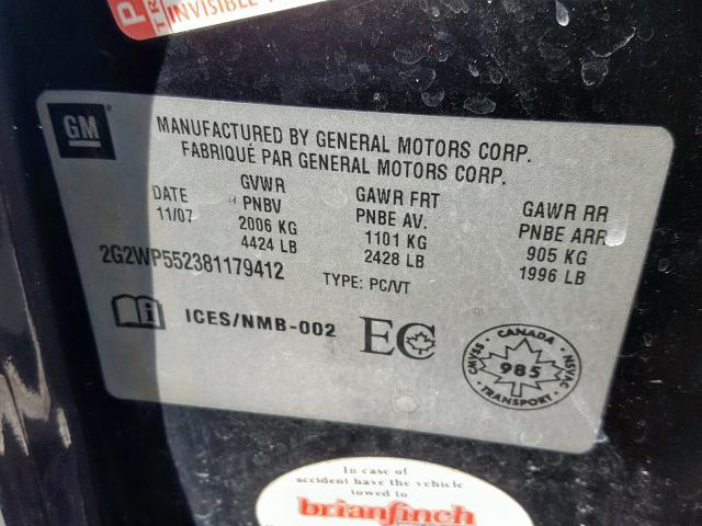 2G2WP552381179412 - 2008 PONTIAC GRAND PRIX BLACK photo 10