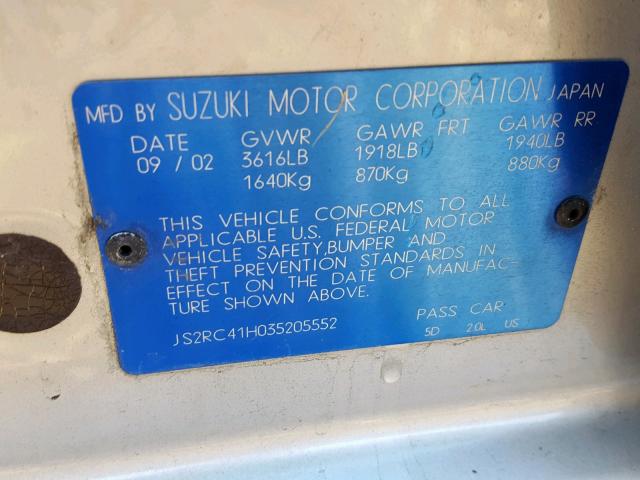 JS2RC41H035205552 - 2003 SUZUKI AERIO SX SILVER photo 10