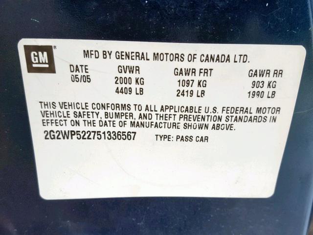 2G2WP522751336567 - 2005 PONTIAC GRAND PRIX GREEN photo 10