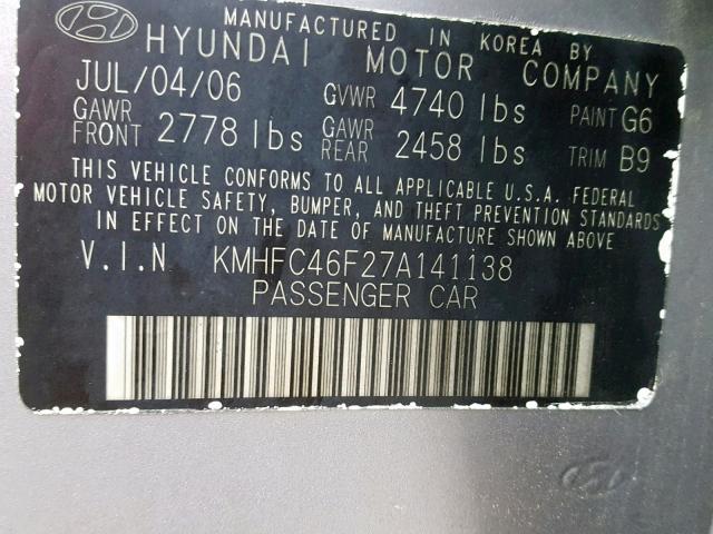 KMHFC46F27A141138 - 2007 HYUNDAI AZERA SE GRAY photo 10