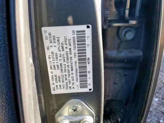 1HGCP2F4XAA117791 - 2010 HONDA ACCORD LXP GRAY photo 10