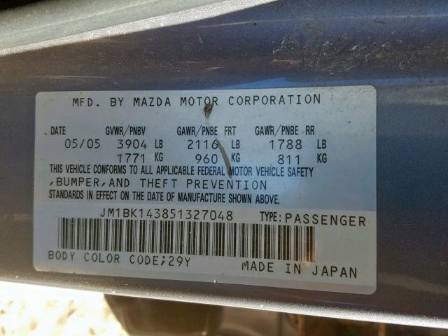 JM1BK143851327048 - 2005 MAZDA 3 HATCHBAC 灰色 照片 10