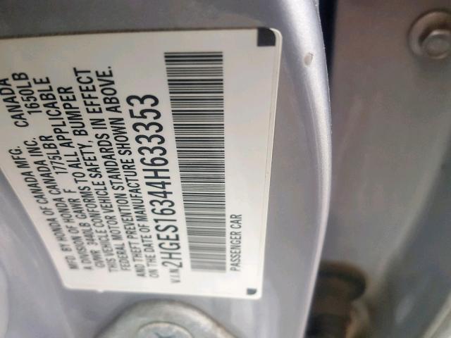 2HGES16344H633353 - 2004 HONDA CIVIC DX V SILVER photo 10