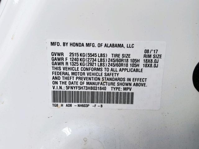 5FNYF5H73HB031840 - 2017 HONDA PILOT EXLN WHITE photo 10