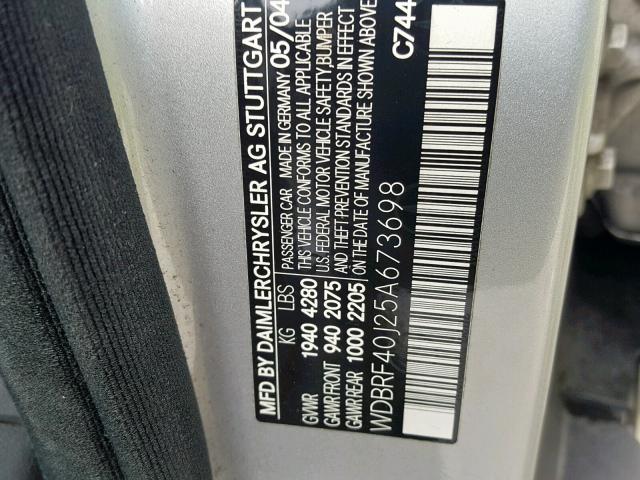 WDBRF40J25A673698 - 2005 MERCEDES-BENZ C 230K SPO SILVER photo 10