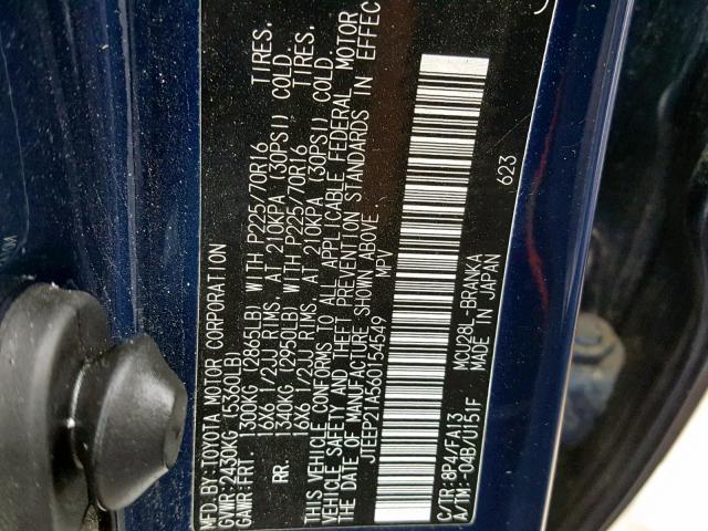 JTEEP21A560154549 - 2006 TOYOTA HIGHLANDER BLUE photo 10