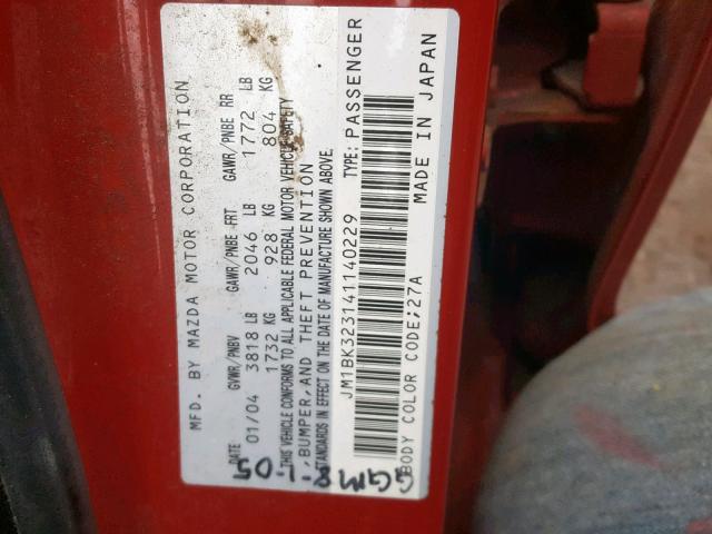 JM1BK323141140229 - 2004 MAZDA 3 S RED photo 10