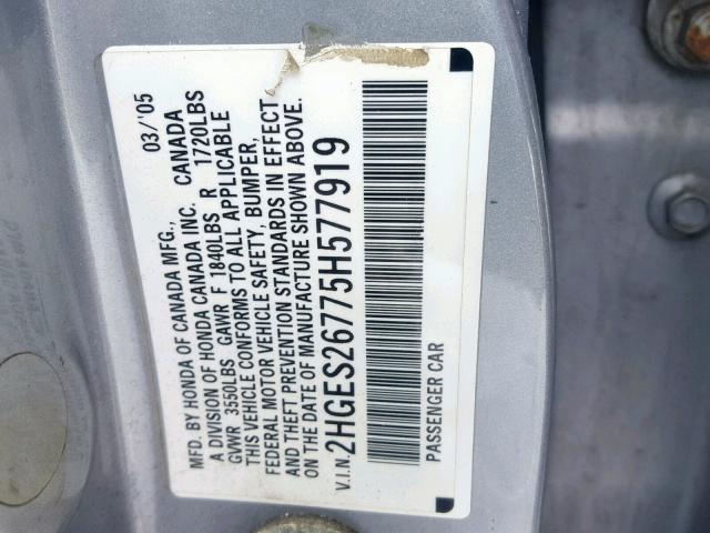 2HGES26775H577919 - 2005 HONDA CIVIC EX 银色 照片 10