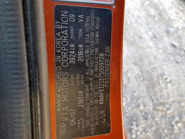 KNAFE121375009728 - 2007 KIA SPECTRA EX ORANGE photo 10