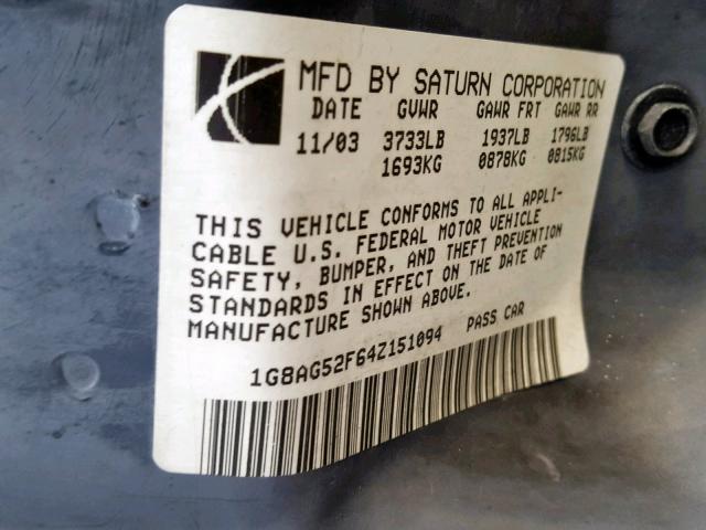 1G8AG52F64Z151094 - 2004 SATURN ION LEVEL SILVER photo 10