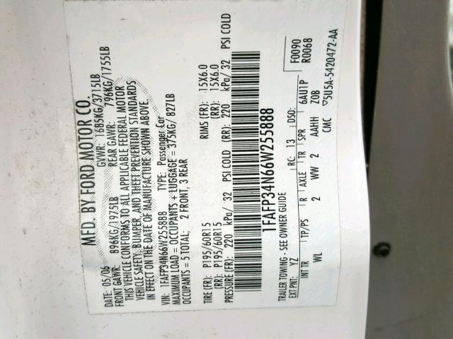 1FAFP34N66W255888 - 2006 FORD FOCUS ZX4 თეთრი ფოტო 10