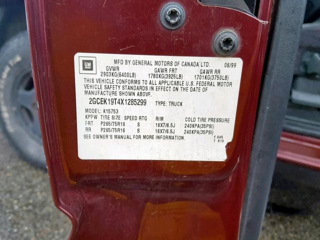 2GCEK19T4X1285299 - 1999 CHEVROLET SILVERADO 勃艮第红 照片 10