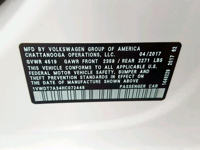 1VWDT7A34HC072448 - 2017 VOLKSWAGEN PASSAT R-L WHITE photo 10