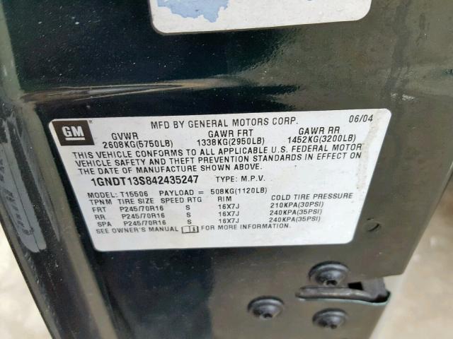 1GNDT13S842435247 - 2004 CHEVROLET TRAILBLAZE GREEN photo 10