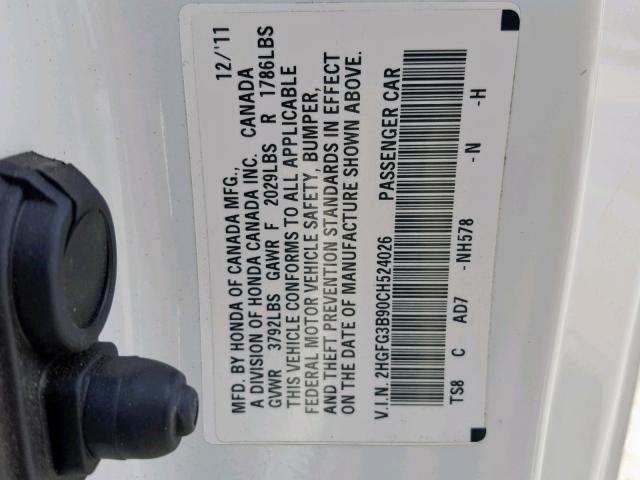 2HGFG3B90CH524026 - 2012 HONDA CIVIC EXL WHITE photo 10