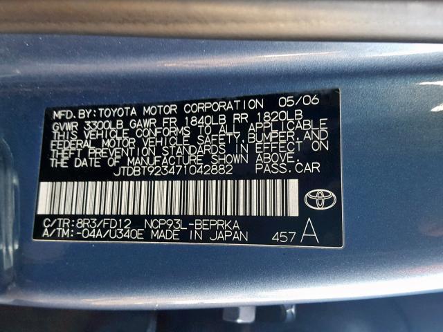 JTDBT923471042882 - 2007 TOYOTA YARIS BLUE photo 10