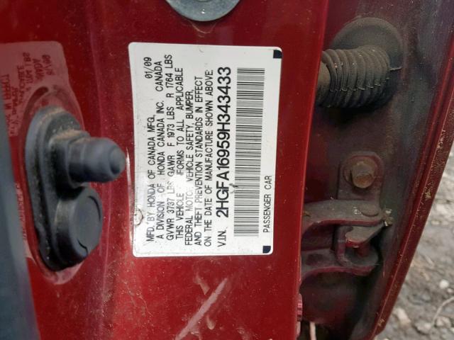 2HGFA16959H343433 - 2009 HONDA CIVIC EXL RED photo 10