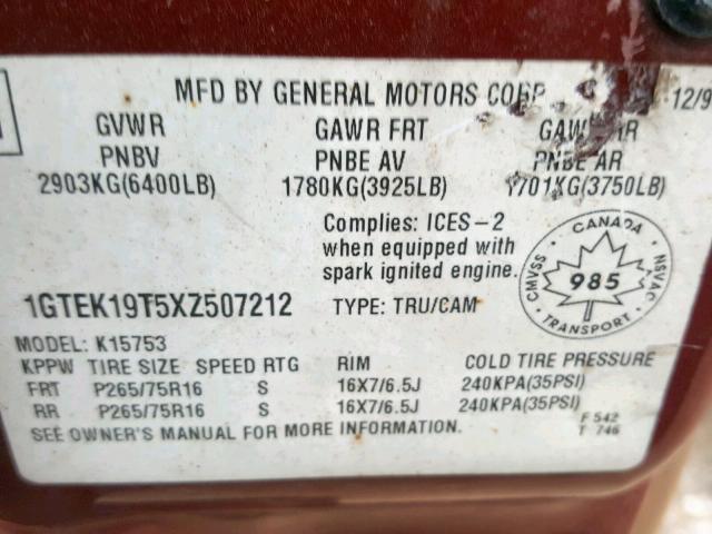 1GTEK19T5XZ507212 - 1999 GMC NEW SIERRA MAROON photo 10