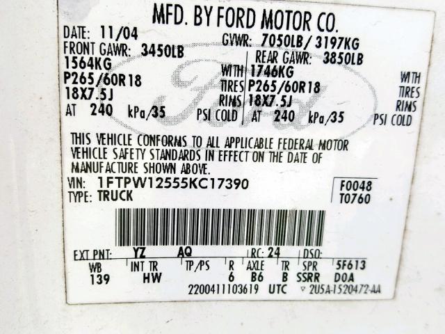 1FTPW12555KC17390 - 2005 FORD F150 SUPER WHITE photo 10