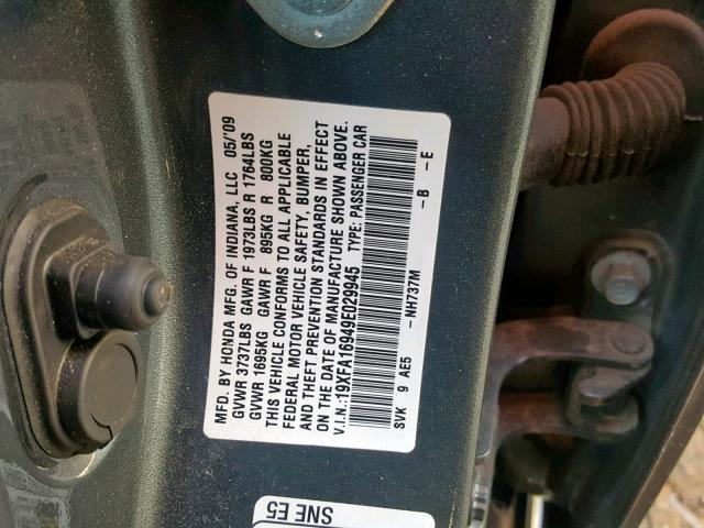 19XFA16949E029945 - 2009 HONDA CIVIC EXL Boz foto 10