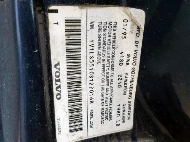 YV1LS5510S1220168 - 1995 VOLVO 850 BASE BLUE photo 10