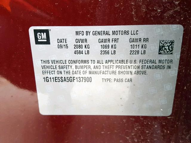 1G11E5SA5GF137900 - 2016 CHEVROLET MALIBU LIM 勃艮第红 照片 10