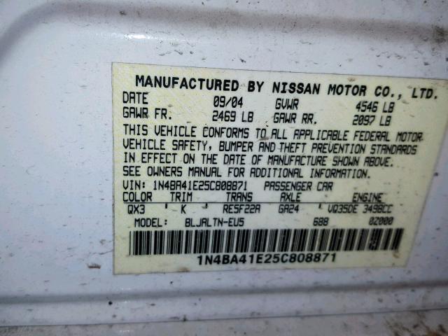 1N4BA41E25C808871 - 2005 NISSAN MAXIMA SE WHITE photo 10