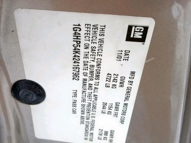 1G4HP54K424167962 - 2002 BUICK LESABRE CU BEIGE photo 10