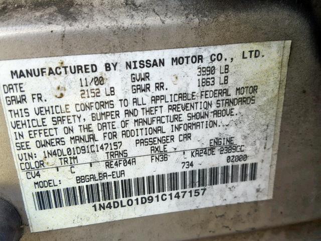 1N4DL01D91C147157 - 2001 NISSAN ALTIMA XE TAN photo 10