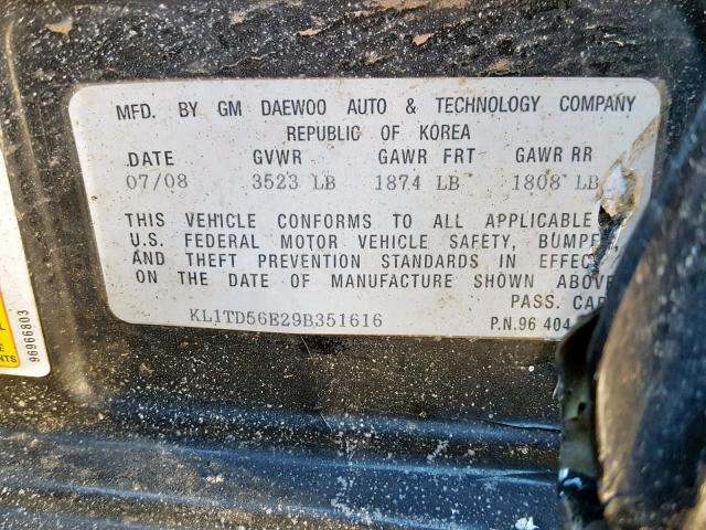 KL1TD56E29B351616 - 2009 CHEVROLET AVEO LS BLACK photo 10