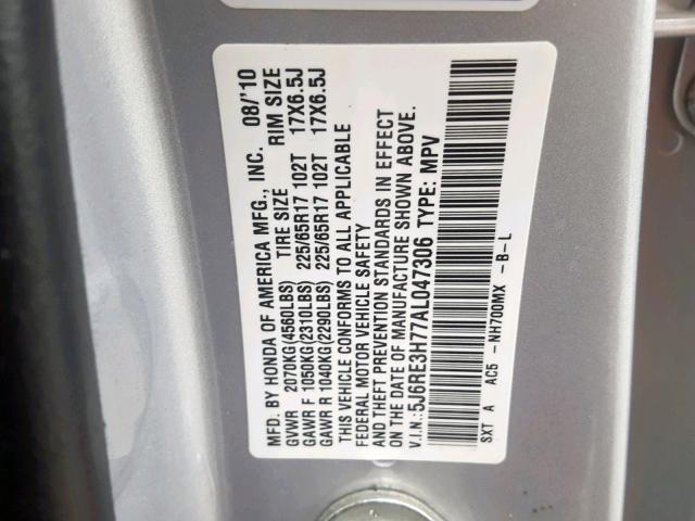 5J6RE3H77AL047306 - 2010 HONDA CR-V EXL SILVER photo 10