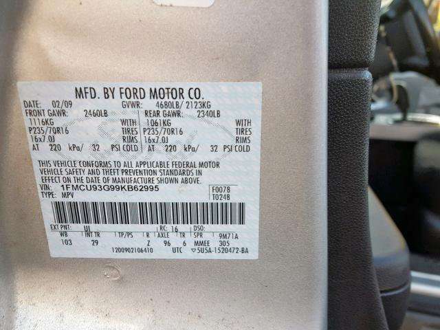 1FMCU93G99KB62995 - 2009 FORD ESCAPE XLT SILVER photo 10