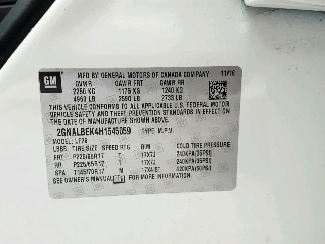 2GNALBEK4H1545059 - 2017 CHEVROLET EQUINOX LS WHITE photo 10