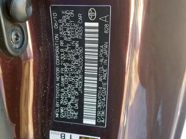 JTKDE3B75A0320780 - 2010 TOYOTA SCION TC 紫色 照片 10