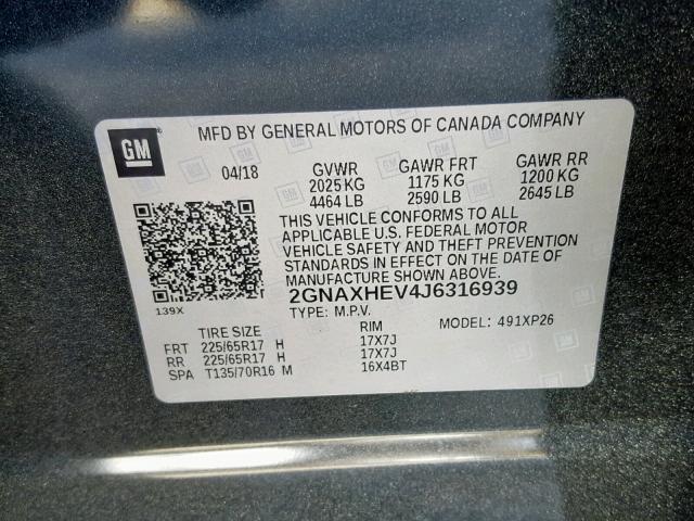 2GNAXHEV4J6316939 - 2018 CHEVROLET EQUINOX LS GRAY photo 10