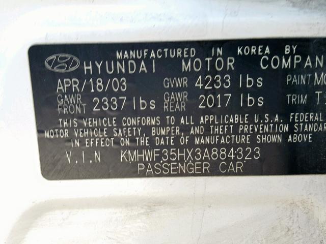 KMHWF35HX3A884323 - 2003 HYUNDAI SONATA GLS 白色 照片 10
