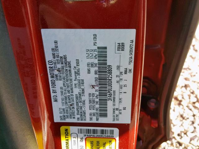 3FA6P0LU0DR258809 - 2013 FORD FUSION SE RED photo 10