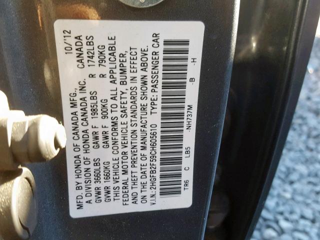 2HGFB2F59CH605610 - 2012 HONDA CIVIC LX Серый фото 10