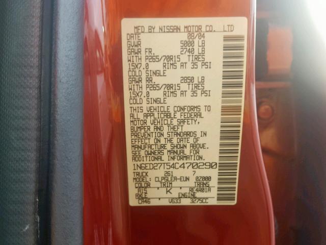 1N6ED27T54C470290 - 2004 NISSAN FRONTIER C RED photo 10