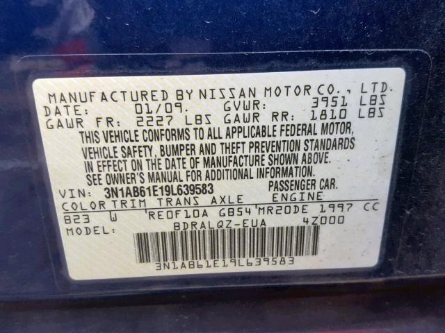 3N1AB61E19L639583 - 2009 NISSAN SENTRA 2.0 BLUE photo 10