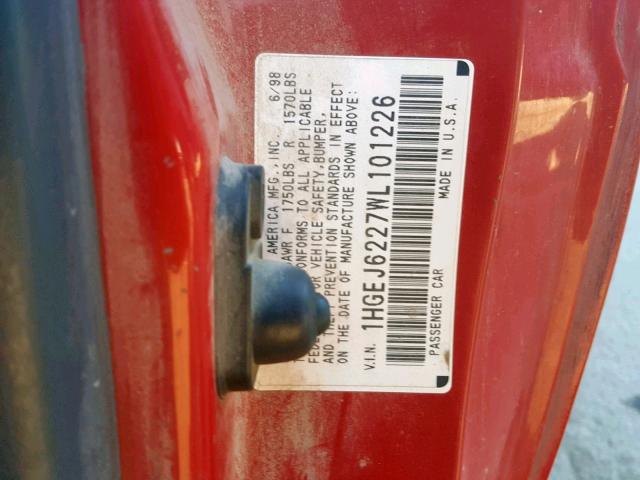 1HGEJ6227WL101226 - 1998 HONDA CIVIC DX RED photo 10