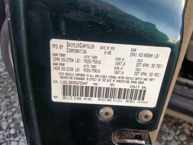 1J4GL38K05W725447 - 2005 JEEP LIBERTY RE GREEN photo 10