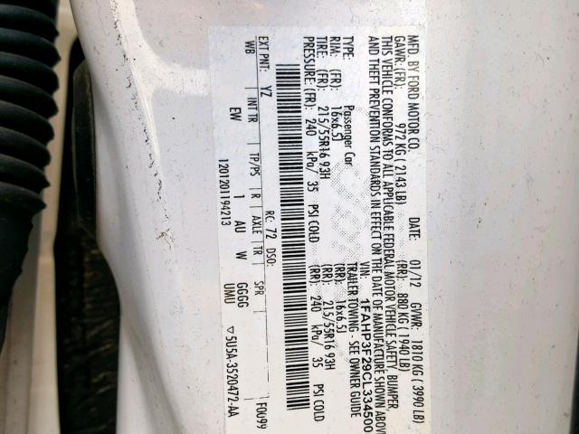 1FAHP3F29CL334500 - 2012 FORD FOCUS SE WHITE photo 10