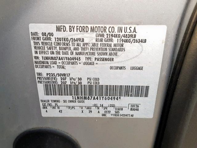 1LNHM87A41Y604945 - 2001 LINCOLN LS SILVER photo 10