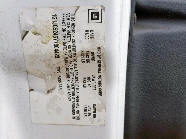 1G1JC5246Y7304423 - 2000 CHEVROLET CAVALIER WHITE photo 10