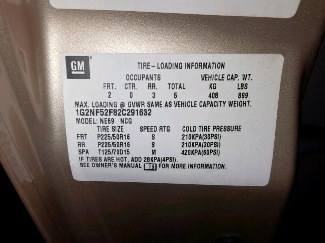 1G2NF52F82C291632 - 2002 PONTIAC GRAND AM S Ոսկեգույն լուսանկար 10