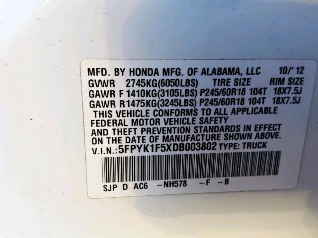 5FPYK1F5XDB003802 - 2013 HONDA RIDGELINE WHITE photo 10