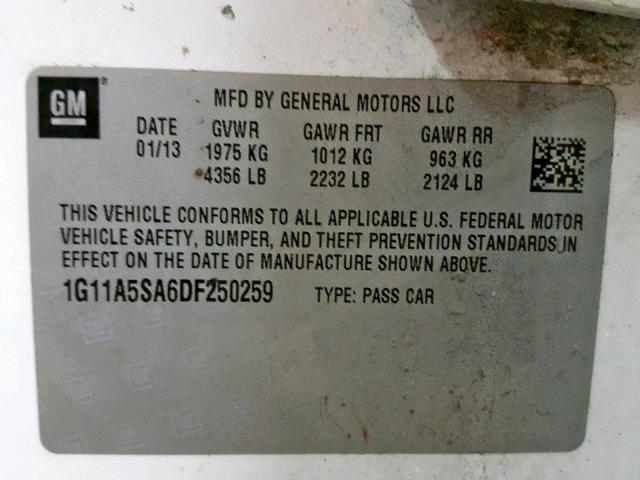 1G11A5SA6DF250259 - 2013 CHEVROLET MALIBU LS 白色 照片 10