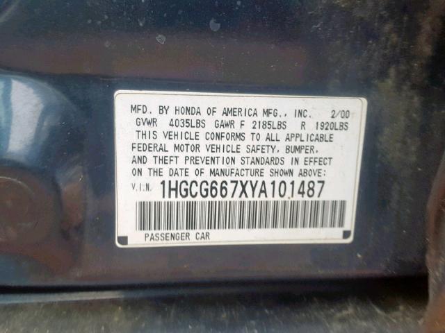 1HGCG667XYA101487 - 2000 HONDA ACCORD EX BLUE photo 10